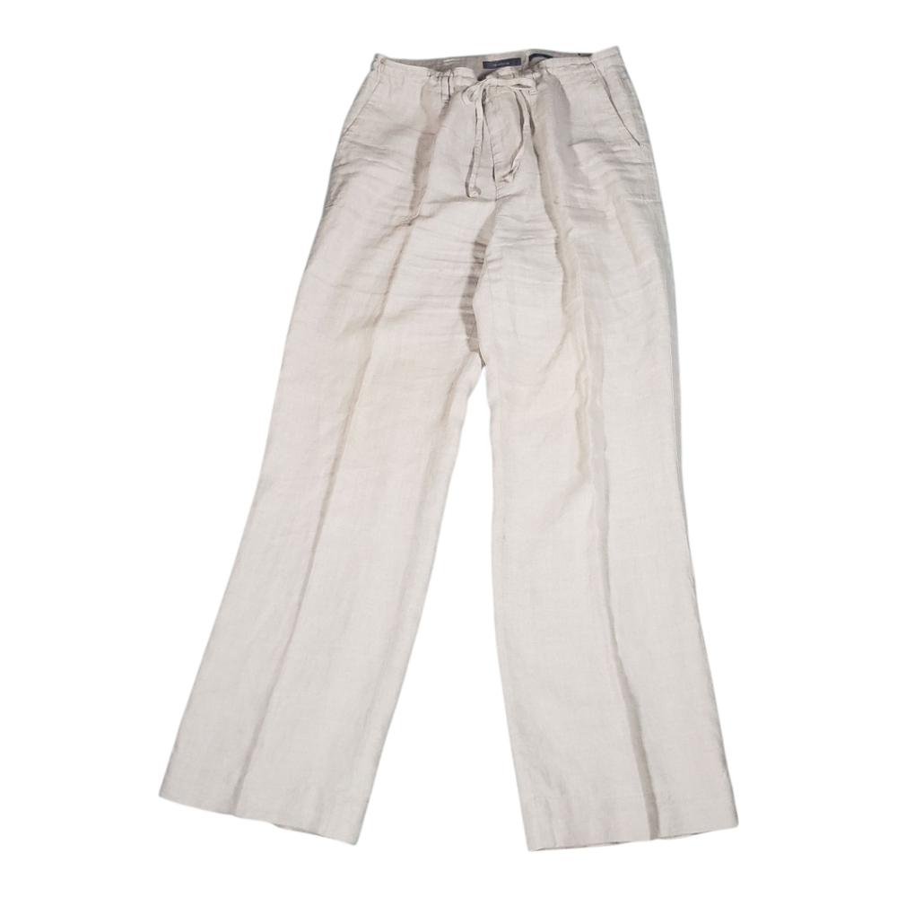 Linen Drawstring Trouser Pants Patch Pockets Wide Leg Minimalist Natural Preppy